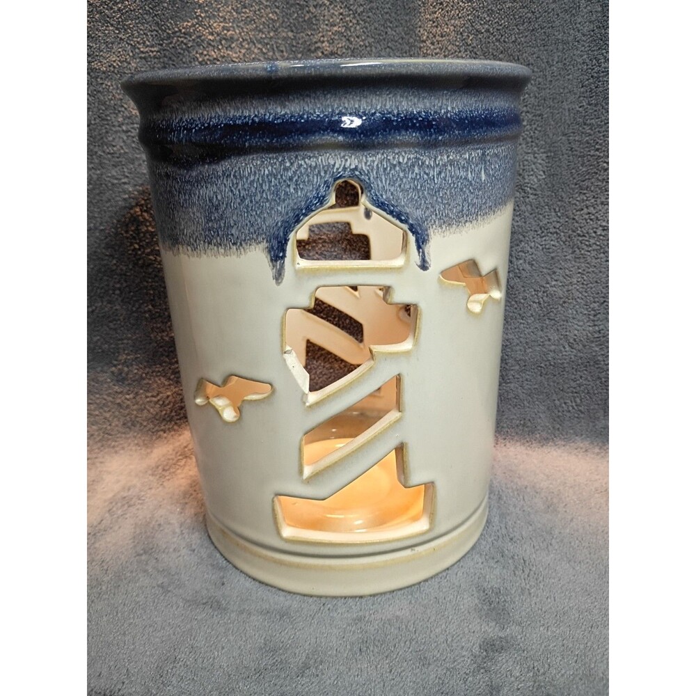 Retired Yankee Candle Lighthouse Ceramic Candle Holder Set Coastal Nautical Blue - Picture 3 of 16